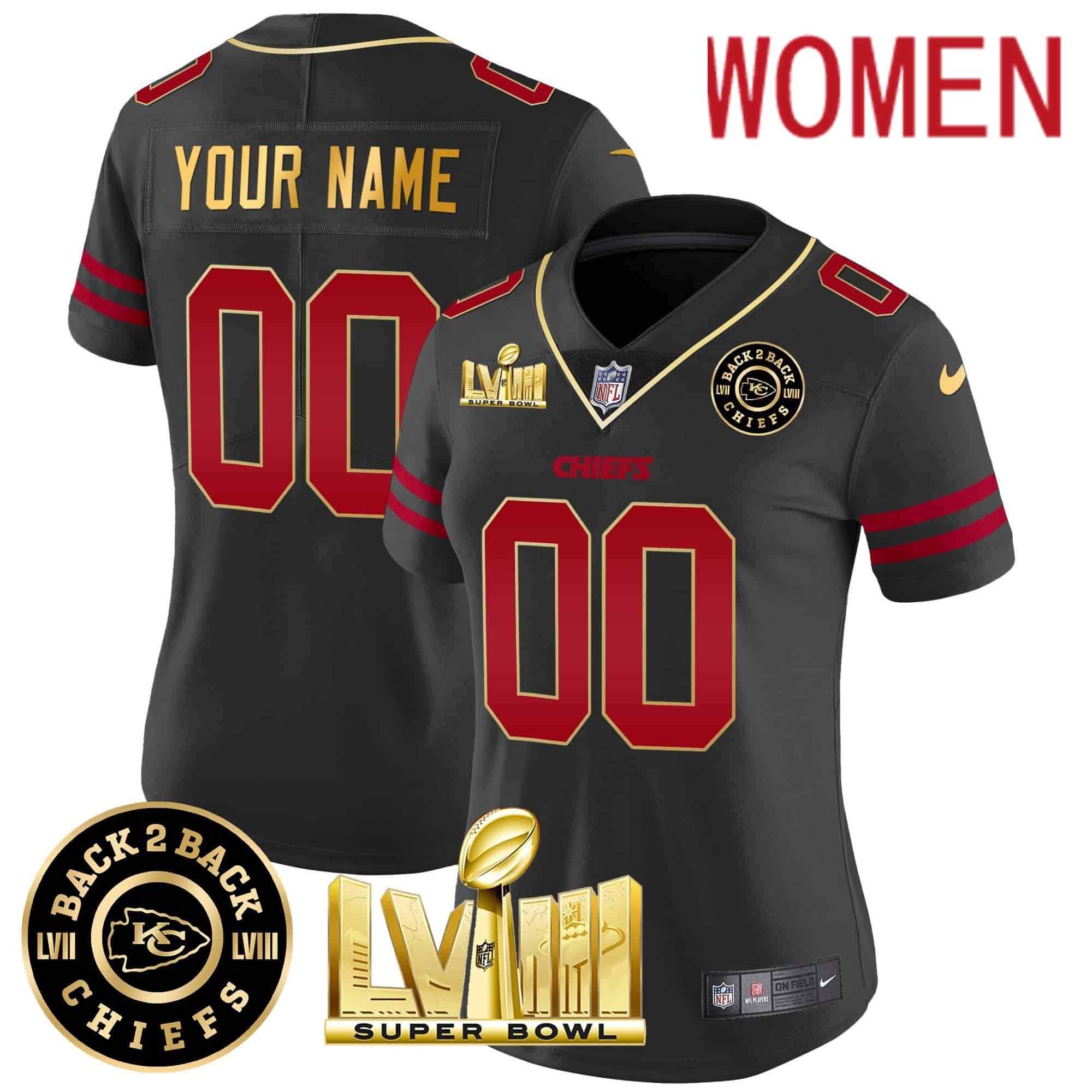 Women Kansas City Chiefs Black 2024 Nike Super Bowl LVIII & Back-2-Back Patch Vapor Custom NFL Jersey style 1->customized nfl jersey->Custom Jersey